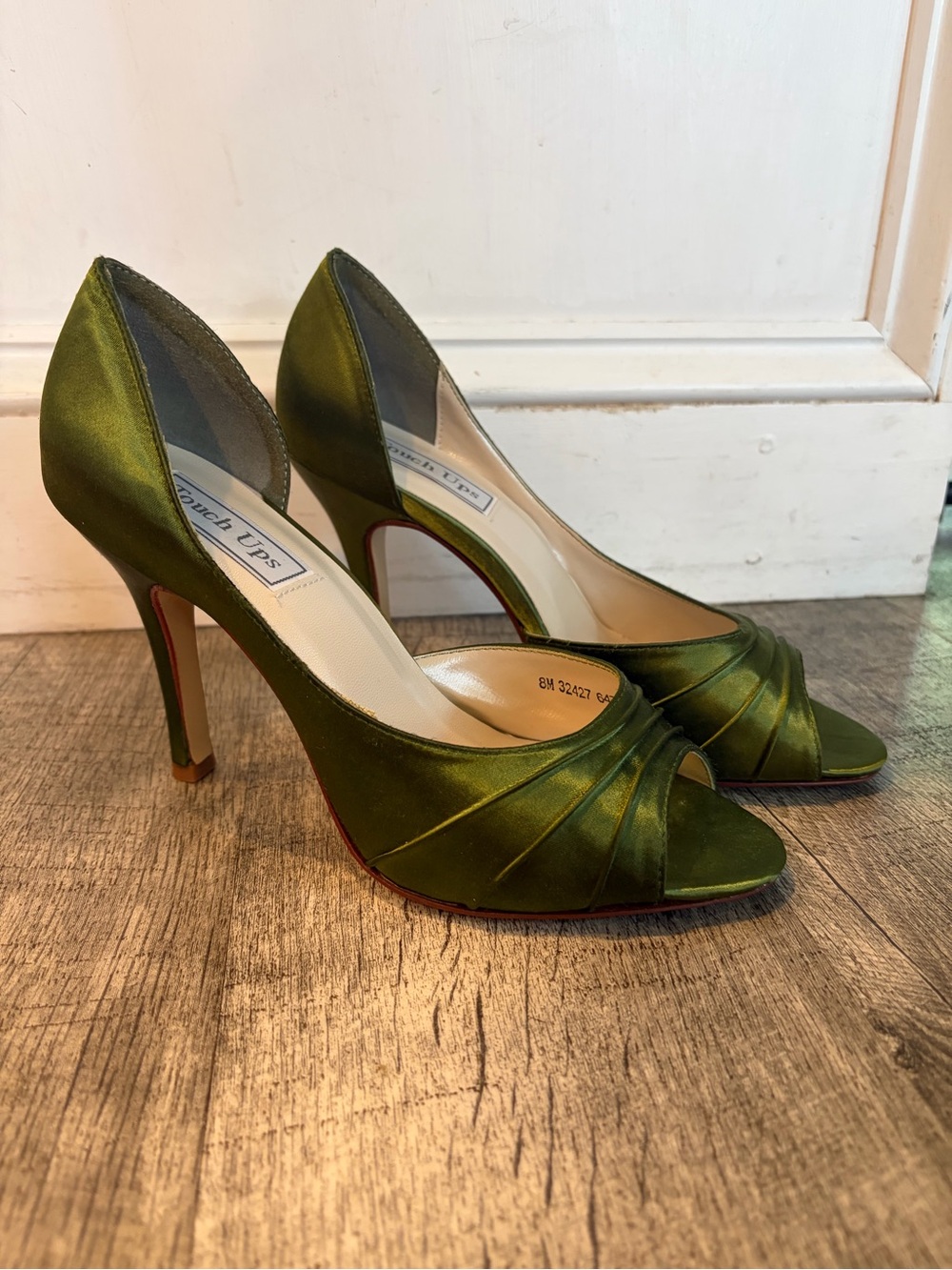 Brand New- Touch Ups Olive Satin Peep-Toe Heels